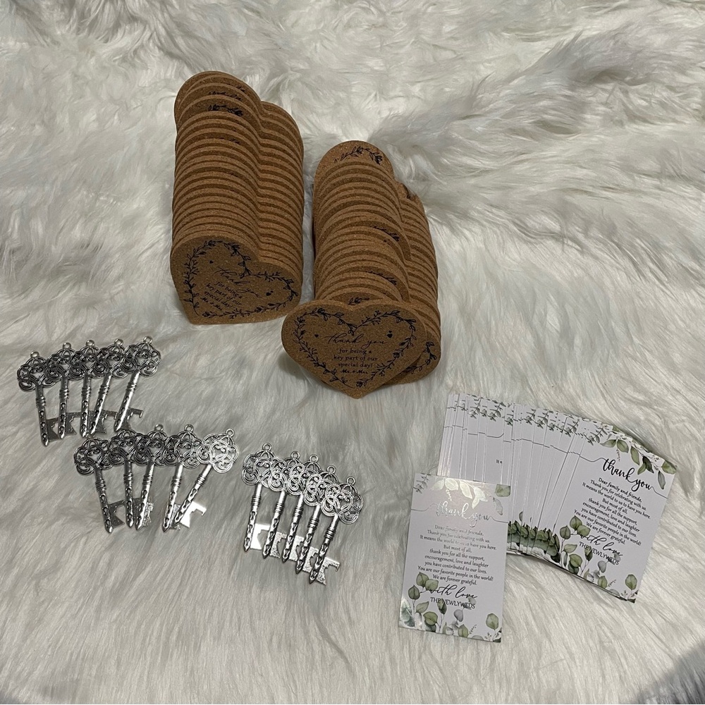 Heart-Shaped Brown Coasters with Silver Key Bottle Openers